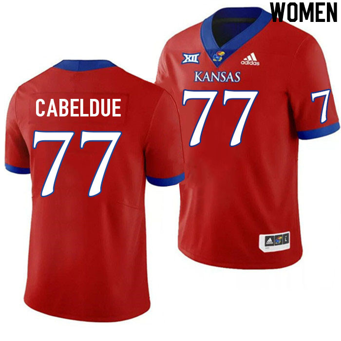 Women #77 Bryce Cabeldue Kansas Jayhawks College Football Jerseys Stitched Sale-Red - Click Image to Close